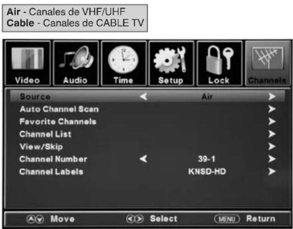 Air - Canales de VHF/UHF Cable - Canales de CABLE TV Video Audio Time Setup Lock Channels Source Air Auto Channel Scan Favorite Channels Channel List View/Skip Channel Number 39-1 Channel Labels KNSD-HD Move Select MENU Return