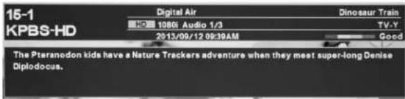 15-1 KPBS-HD Digital Air 1080s Audio 1/3 20/13/09/12 09:39AM Dinosaur Train TV-Y Good The Pteranodon kids have a Nature Trackers adventure when they meet super-long Denise Diplodocus.