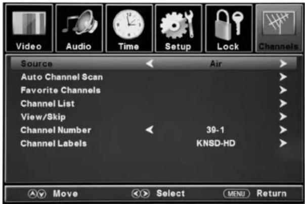 Video Audio Time Setup Lock Channels Source Air Auto Channel Scan Favorite Channels Channel List View/Skip Channel Number 39-1 Channel Labels KNSD-HD Move Select MENU Return