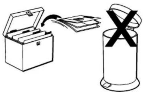Diagram showing a box open with documents and a trash can marked with an 'X' symbol, indicating a disposal or rejection process.