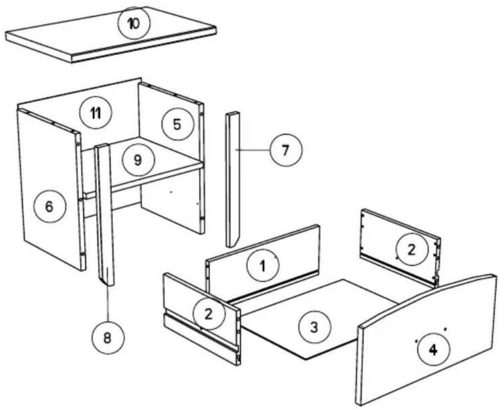 Technical diagram of a furniture cabinet with numbered components for identification
