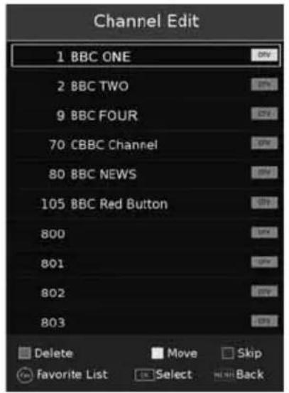 Channel Edit 1 BBC ONE 2 BBC TWO 9 BBC FOUR 70 CBBC Channel 80 BBC NEWS 105 BBC Red Button 800 801 802 803 Delete Move Skip favorite List Select Back