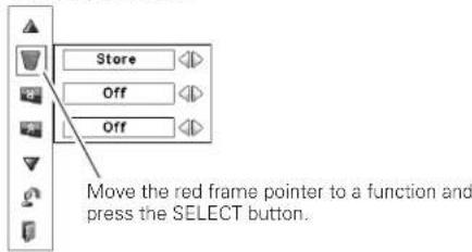 Store Off Off Move the red frame pointer to a function and press the SELECT button.