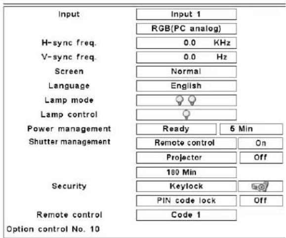 Input RGB(PC analog) H-sync freq. 0.0 KHz V-sync freq. 0.0 Hz Screen Normal Language English Lamp mode Lamp control Ready 5 Min Shutter management Remote control On Projector Off 180 Min Security Keylock PIN code lock Off Remote control Code 1 Option control No. 10