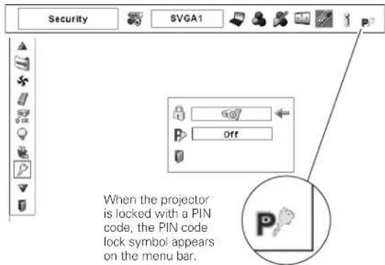 Security SVGA1 When the projector is locked with a PIN code, the PIN code lock symbol appears on the menu bar.