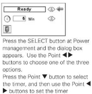 Ready 5 Min Press the SELECT button at Power management and the dialog box appears. Use the Point ◀► buttons to choose one of the three options. Press the Point ▼ button to select the timer, and then use the Point ◀► buttons to set the timer