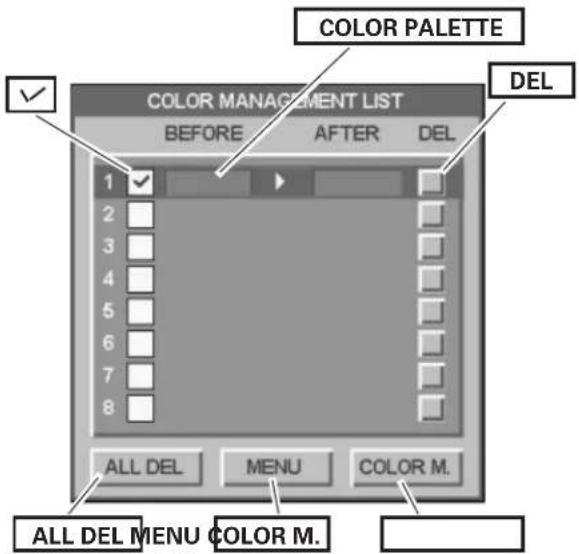 COLOR PALETTE COLOR MANAGEMENT LIST BEFORE AFTER DEL 1 ✓ 2 3 4 5 6 7 8 ALL DEL MENU COLOR M. DEL ALL DEL MENU COLOR M.
