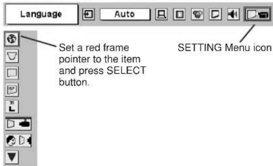 Language Auto Set a red frame pointer to the item and press SELECT button. SETTING Menu icon