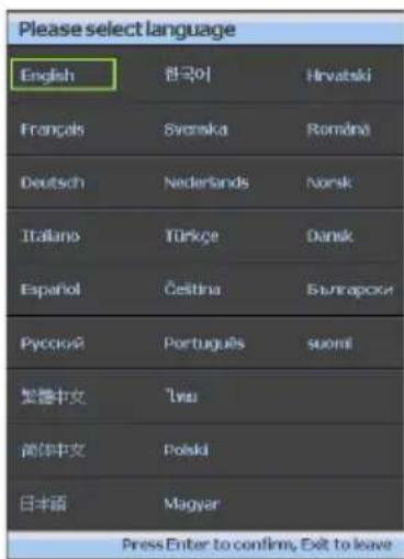 Please select language English 한국아 Hrvatski Français Svenska România Deutsch Nederlands Norsk Italano Türkçe Dansk Español Četitina Bunrapocki Русский Portuguits suomi 繁體中文 İvzu 简体中文 Polski 日本語 Magyar Press Enter to confirm, Exit to leave