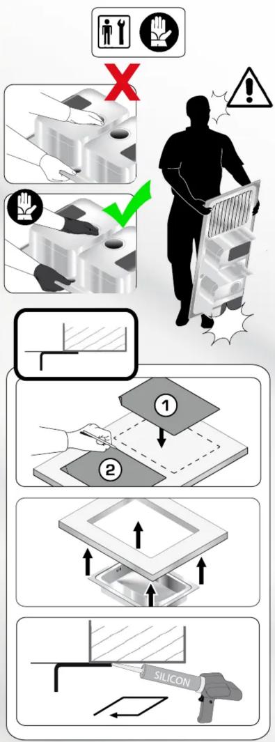 Safety instruction diagram showing steps to remove plastic components from a person, including hand protection, safety check, and fabric handling.