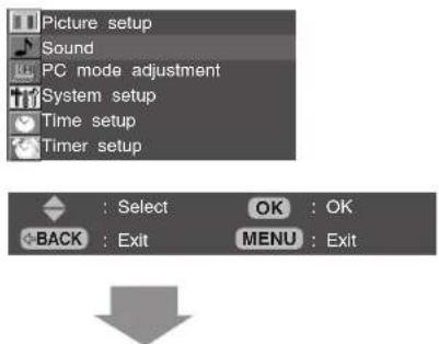 Picture setup Sound PC mode adjustment System setup Time setup Timer setup : Select OK : OK BACK : Exit MENU : Exit
