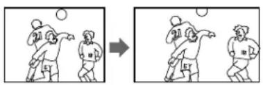 Diagram showing two figures playing basketball, one with a ball and the other with a flag, before and after change.