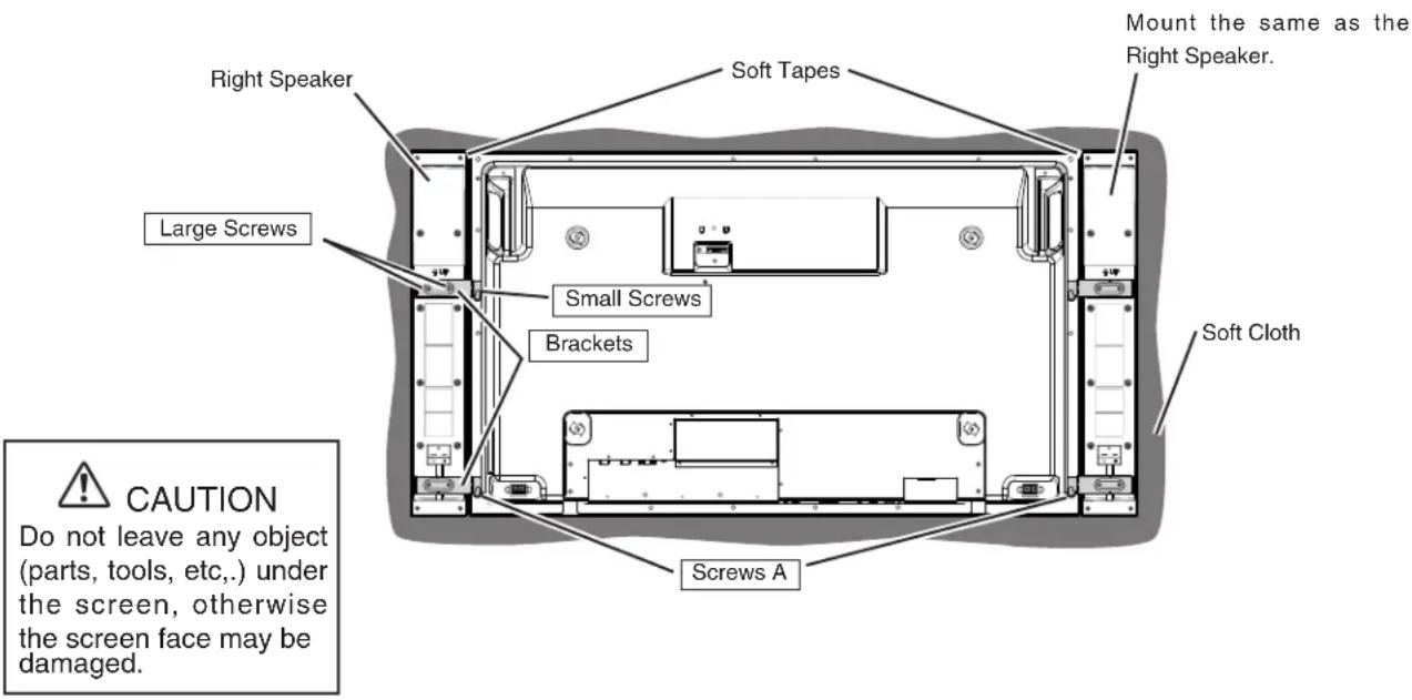 Right Speaker Soft Tapes Mount the same as the Right Speaker. Large Screws Small Screws Brackets Screws A Caution Do not leave any object (parts, tools, etc.,) under the screen, otherwise the screen face may be damaged.
