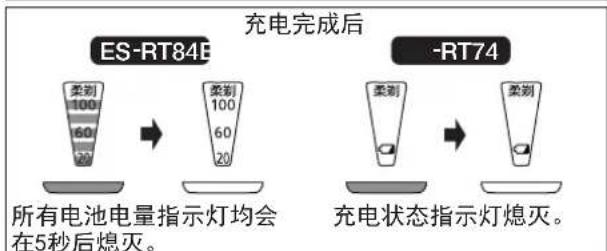 充电完成后 ES-RT84E 所有电池电量指示灯均会在5秒后熄灭。 -RT74 充电状态指示灯熄灭。