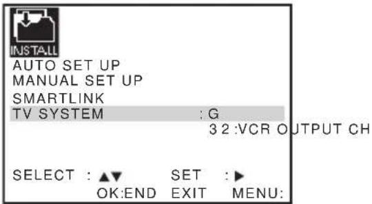 INSTALL AUTO SET UP MANUAL SET UP SMARTLINK TV SYSTEM : G 3 2 :VCR OUTPUT CH SELECT : ▲▼ SET :► OK:END EXIT MENU: