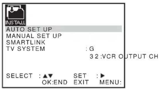 INSTALL AUTO SET UP MANUAL SET UP SMARTLINK TV SYSTEM : G 3 2 :VCR OUTPUT CH SELECT : ▲▼ SET :► OK:END EXIT MENU: