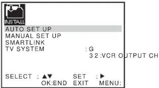 INSTALL AUTO SET UP MANUAL SET UP SMARTLINK TV SYSTEM : G 3 2 :VCR OUTPUT CH SELECT : ▲▼ SET :► OK:END EXIT MENU: