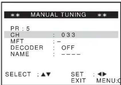 MANUAL TUNING PR : 5 CH : 0 3 3 MFT : - DECODER : OFF NAME : ---- SELECT : ▲▼ SET : ◀◀ EXIT MENU:○