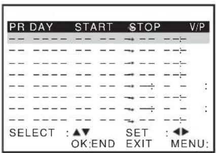 PR DAY START STOP V/P SELECT :▲▼ SET :◀► OK:END EXIT MENU: