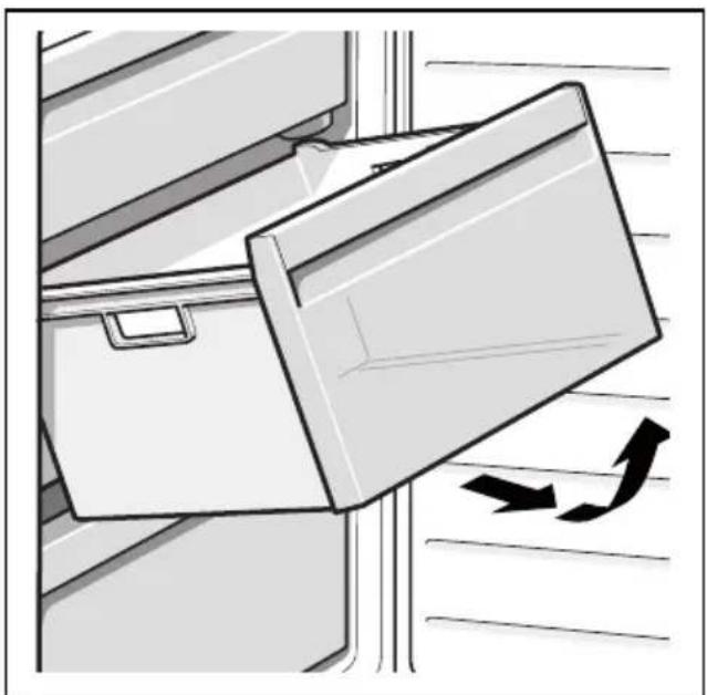 Illustration of a refrigerator with an open door and directional arrows indicating flow or movement (no text or symbols)
