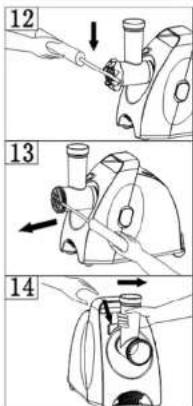 Technical diagram showing three steps of a mechanical device operation with labeled parts 12, 13, and 14.