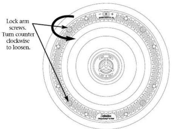Lock arm screws. Turn counter clockwise to loosen.