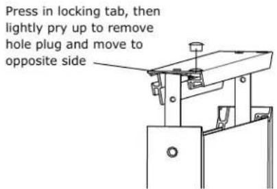Press in locking tab, then lightly pry up to remove hole plug and move to opposite side
