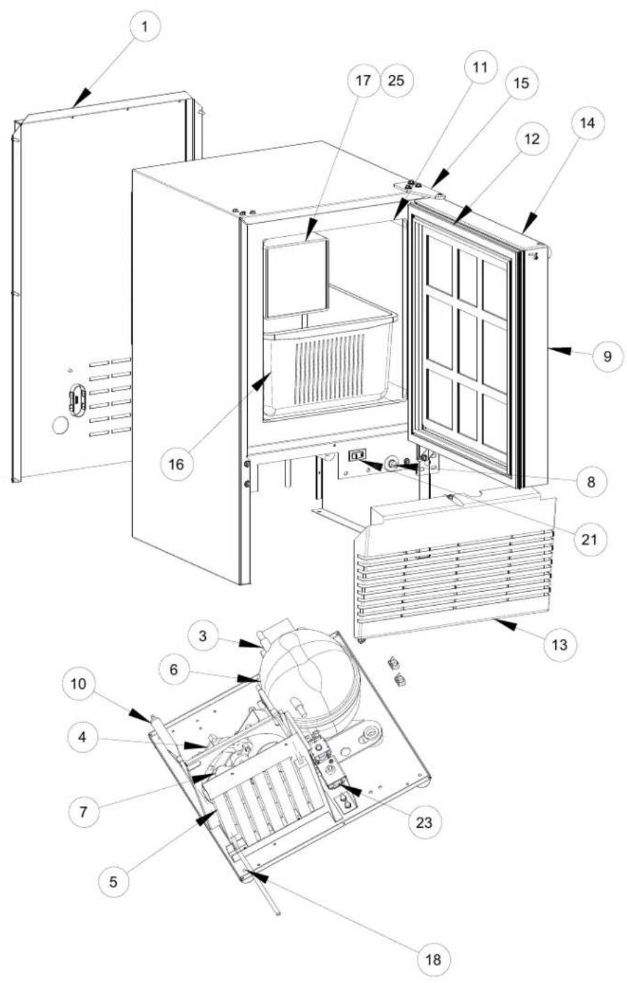 Technical diagram of an air conditioner unit with numbered components for identification and assembly reference.