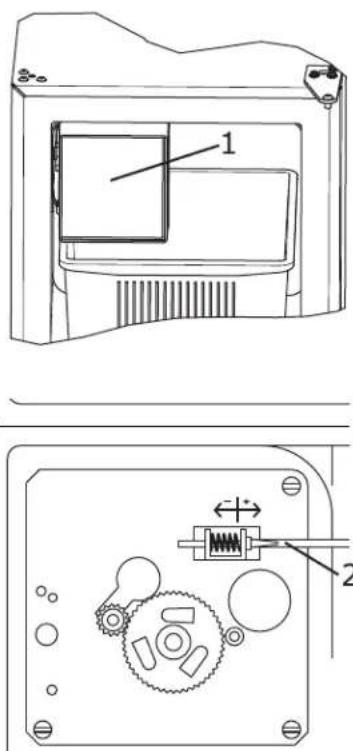 Technical diagram showing two views of a device with labeled components, including a component labeled '1' and a mechanical assembly with parts numbered 2.