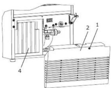Technical diagram of an industrial machine with labeled components and airflow indicators