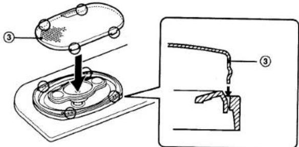 Technical diagram showing mechanical assembly steps with numbered components and a close-up view of the component being inserted.