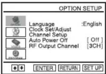 OPTION SETUP Language :English Clock Set/Adjust Channel Setup Auto Power Off [ Off ] RF Output Channel [3CH] ENTER RETURN SET UP