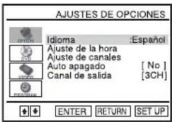 AJUSTES DE OPCIONES IDIOMA :Español Ajuste de la hora Ajuste de canales Auto apagado [ No ] Canal de salida [3CH] ENTER RETURN SET UP