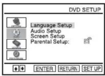 DVD SETUP Language Setup Audio Setup Screen Setup Parental Setup: ENTER RETURN SET UP