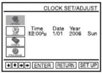 CLOCK SET/ADJUST OPTION Time Date Year Sun 12:00AM 1/01 2006 MAYO PROM ENTER RETURN SET UP