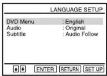 LANGUAGE SETUP DVD Menu : English Audio : Original Subtitle : Audio Follow ENTER RETURN SET UP