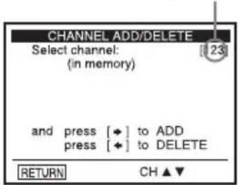 CHANNEL ADD/DELETE Select channel: (in memory) and press [♦] to ADD press [♦] to DELETE RETURN CH ▲▼