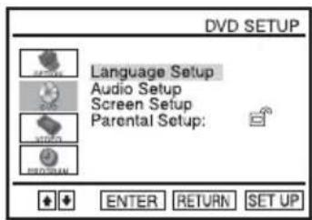 DVD SETUP Language Setup Audio Setup Screen Setup Parental Setup: ENTER RETURN SET UP
