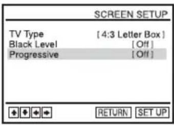 SCREEN SETUP TV Type [4:3 Letter Box] Black Level [Off] Progressive [Off] RETURN SET UP