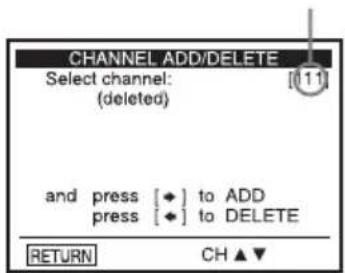 CHANNEL ADD/DELETE Select channel: (deleted) and press [♦] to ADD press [♦] to DELETE RETURN CH ▲▼