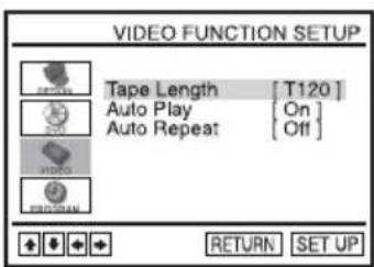 VIDEO FUNCTION SETUP Tape Length [T120] Auto Play [On] Auto Repeat [Off] RETURN SET UP