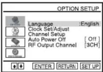 OPTION SETUP Language :English Clock Set/Adjust Channel Setup Auto Power Off [ Off ] RF Output Channel [3CH] ENTER RETURN SET UP