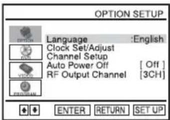OPTION SETUP Language :English Clock Set/Adjust Channel Setup Auto Power Off [ Off ] RF Output Channel [3CH] ENTER RETURN SET UP