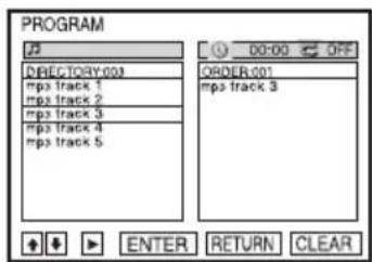 PROGRAM 00:00 OFF DIRECTORY:003 mpa track 1 mpa track 2 mpa track 3 mpa track 4 mpa track 5 ORDER:001 mpa track 3 ENTER RETURN CLEAR