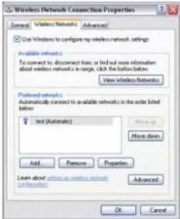 Wireless Network Connection Properties General Wireless Networks Advanced Use Windows to configure my wireless network, settings Available networks: To connect to, disconnect lines, or find out more information about wireless networks in range, click the button below. View Wireless Networks Preferred networks: Automatically connect to available networks in the order listed below Text (Automatic) Have up Have down Add Remove Properties Learn about either as wireless network continuation Advanced OK Cancel