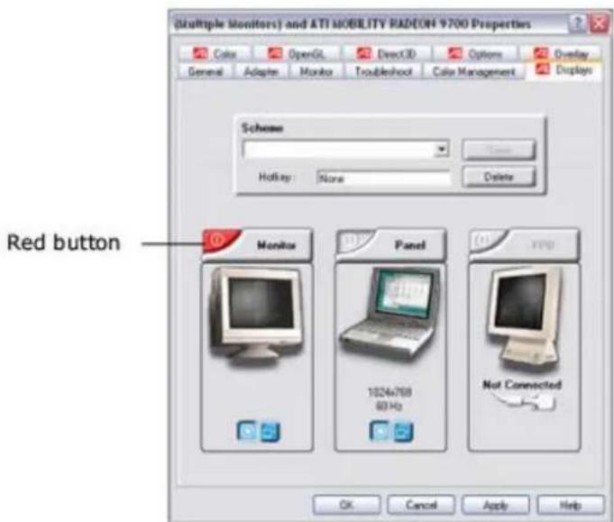 (Multiple Monitors) and ATI MOBILITY RADIEN 9700 Properties Scheme Hotkey: None Red button Monitor Panel 1824x768 60 Hz Not Connected OK Cancel Apply Help