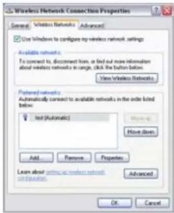Wireless Network Connection Properties General Wireless Networks Advanced Use Windows to configure my wireless network settings Available networks: To connect to, disconnect from, or find out more information about wireless networks in range, click the button below. View wireless networks Preferred networks: Automatically connect to available networks in the order listed below: test (Automatic) More up Have down Add... Remove Properties Learn about setting up wireless networks in connection... Advanced OK Cancel