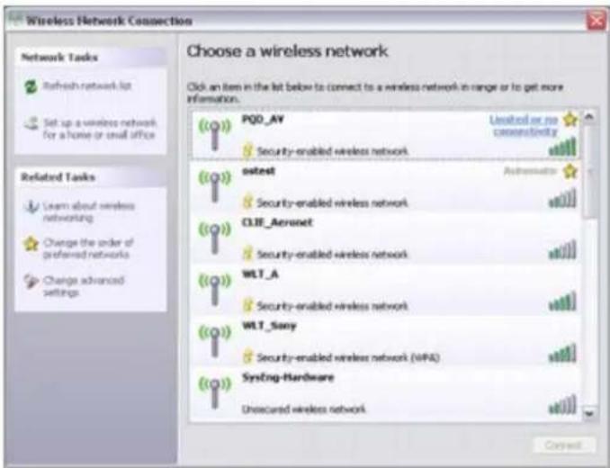 Wireless Network Connection Choose a wireless network Click an item in the list below to connect to a wireless network in range or to get more information. Network Tasks Refresh network list Set up a wireless network for a home or small office Related Tasks Learn about wireless networking Change the order of preferred networks Change advanced settings PQO_AV Security-enabled wireless network ostest Security-enabled wireless network CLIF_Aeronet Security-enabled wireless network WLT_A Security-enabled wireless network WLT_Sony Security-enabled wireless network (WPA) SysIng-Hardware Unsecured wireless network Unlimited or no connectivity Authentication