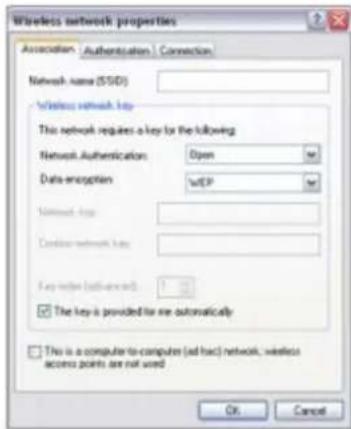 Wireless network properties Association Authentication Connection Network name (SISD) Wireless network key This network requires a key for the following: Network Authentication: Open Data encryption: wEP Internet key: Controller network key: Key index (add-axcl) The key is provided for me automatically This is a computer-to-computer (ad-hoc) network, wireless access points are not used OK Cancel