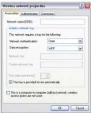 Wireless network properties Association Authentication Connection Network name (SSID) Wireless network key This network requires a key for the following: Network Authentication: Open Data encryption: WEP Network key: Custom network key: Key index(advanced) The key is provided for we automatically This is a computer-to-computer (ad-hac) network, wireless access points are not used OK Cancel